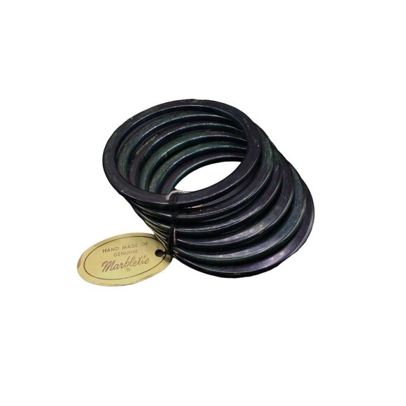 Vintage Bakelite Bangles Dark Green Swirled Genuine Marbled New Old Stock w Tag - Picture 1 of 6